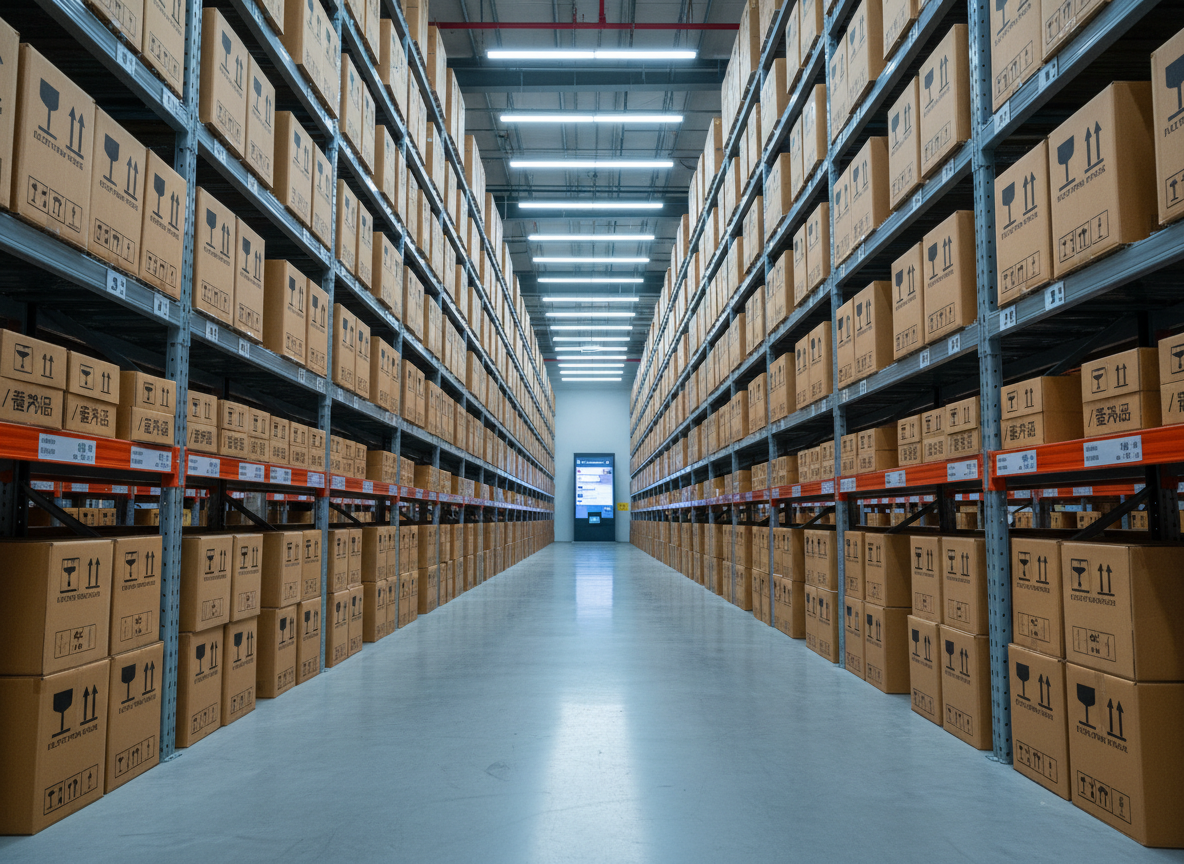 A bright, immaculate warehouse aisle filled with tall, symmetrically aligned industrial racks holding uniformly stacked export cartons, each carton printed with clear, sharp icons for fragile, up, and global shipping, as well as bilingual labels indicating product categories like electronics, home goods, and apparel. At the aisle’s end stands a digital kiosk showing a procurement search interface with filters in Chinese and English, its screen glowing softly. Overhead LED lighting provides clean, uniform illumination, creating rhythmic shadows along the floor and shelves. Photographic realism, captured from a low, centered angle looking down the aisle, emphasizing depth and endless inventory. The mood is efficient, reliable, and scalable, highlighting stable supply for B2B purchasing.