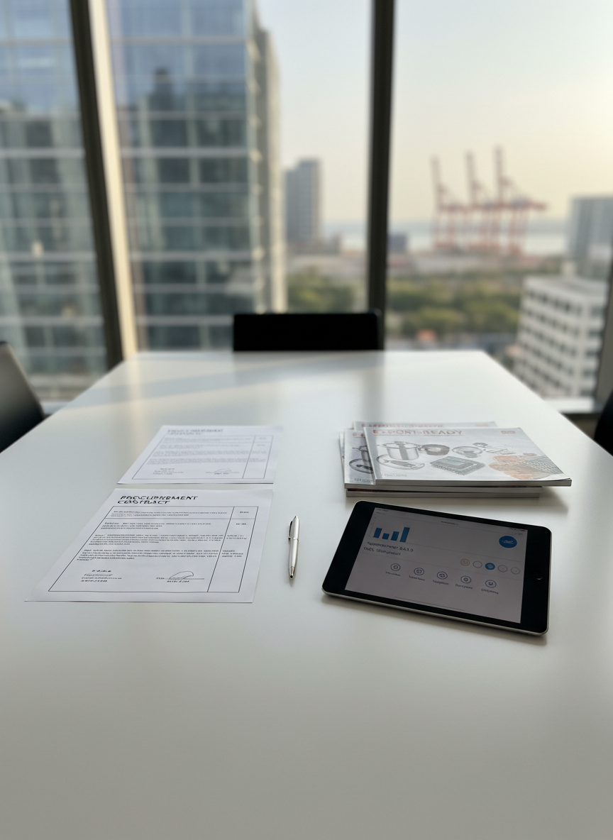 A minimalist conference room table prepared for an international supplier negotiation, with no people present: on the glossy white tabletop lie two neatly aligned bilingual procurement contracts, a silver pen placed precisely parallel, and a tablet displaying supplier ratings, MOQs, and trade assurance icons. Nearby sits a clean stack of product catalogs featuring vivid cover images of export-ready goods. Large floor-to-ceiling windows reveal a blurred city skyline with port cranes faintly visible in the distance. Soft afternoon daylight bathes the scene, adding gentle reflections and subtle contrast. Photographic realism with an eye-level composition and shallow depth of field keeps focus on the contracts and tablet. The atmosphere is formal, trustworthy, and globally oriented, embodying professional B2B cooperation.