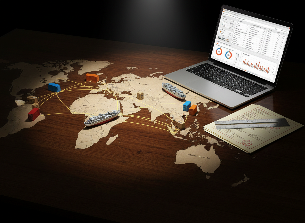 A high-contrast photographic scene of a polished world map table, where small metallic cargo ship models, miniature shipping containers in red, blue, and orange, and tiny cartons labeled with bilingual product categories are strategically placed along major trade routes. A thin, silver laptop displaying a procurement platform interface sits open at the map’s edge, next to a stack of stamped export documents and a precise metal ruler. A directional overhead spotlight creates dramatic, focused lighting, casting defined shadows and crisp highlights on the metallic surfaces. Shot from a slightly elevated angle using the rule of thirds, with sharp focus on Asia and major shipping lanes. The atmosphere is dynamic, strategic, and analytical, conveying cross-border sourcing and global supply chain planning for Chinese buyers.