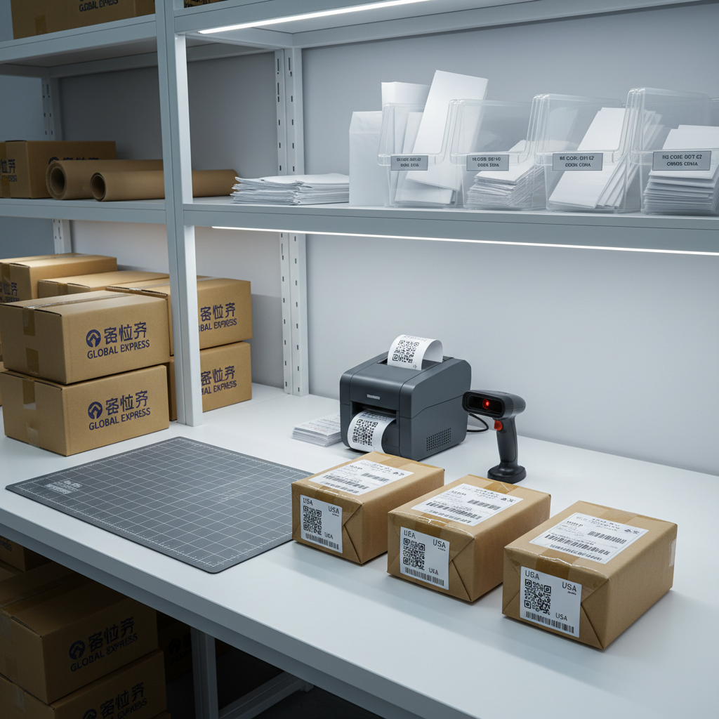 A close-up, photographic view of a cross-border e-commerce packing station, featuring a pristine white packing bench with a cutting mat, branded shipping boxes pre-printed with Chinese and English text, a high-resolution barcode printer, and a scanning device resting beside a row of completed parcels with clearly visible tracking labels. Behind the bench, neatly organized shelves hold standardized packaging materials and product info cards detailing HS codes and origin. Bright, even LED task lighting creates crisp clarity and minimal shadows, emphasizing precision and cleanliness. Shot from a slightly elevated angle with sharp focus throughout, the composition feels modern, efficient, and tech-driven, showcasing the final step of global product procurement and fulfillment.