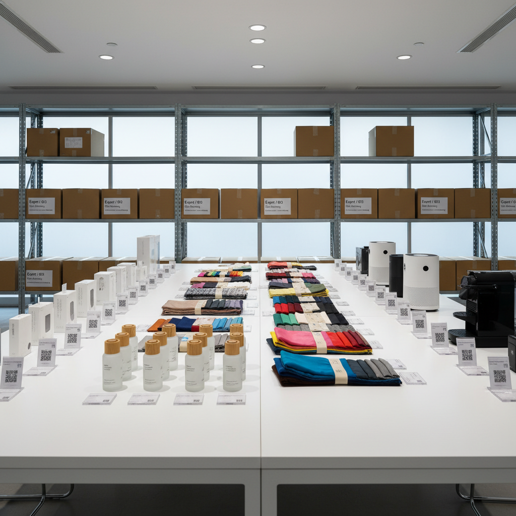 A long, spotless white table in a modern showroom covered with diverse product samples for B2B procurement: neatly arranged rows of small electronics boxes, minimalist cosmetic bottles, colorful textile swatches, and compact home appliance mockups, each with printed SKU cards and QR codes. Behind the table, tall metal shelving holds clearly labeled cartons reading “Export / 出口” and “Global Sourcing”. Soft daylight filters through large frosted glass windows, complemented by subtle ceiling spotlights that create crisp highlights on glossy packaging and matte shadows beneath. Photographic realism with a slightly elevated angle and moderate depth of field, emphasizing the order and variety. The mood is professional, clean, and detail-focused, suitable for a global Chinese product purchasing platform.